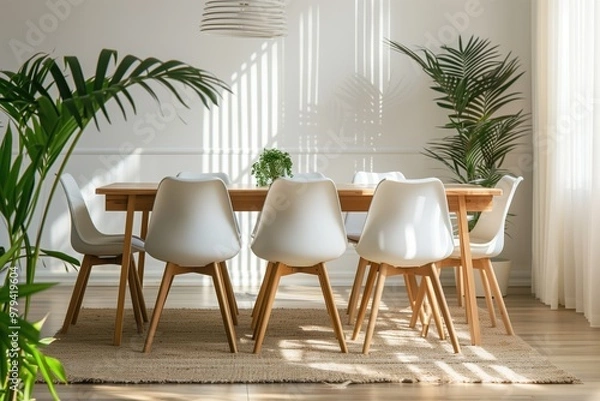 Fototapeta Bright and minimalist dining room with white chairs, a wooden table, and large leafy plants, bathed in soft natural light, creating a serene and inviting space with a modern Scandinavian touch