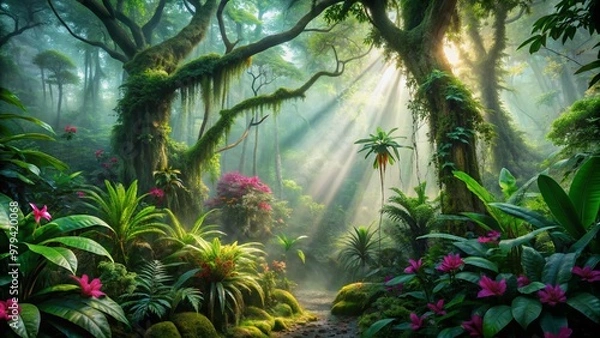 Fototapeta Vibrant emerald foliage and exotic flowers thrive in a lush, misty rainforest, with dappled sunlight filtering through the dense canopy of ancient, twisted trees.