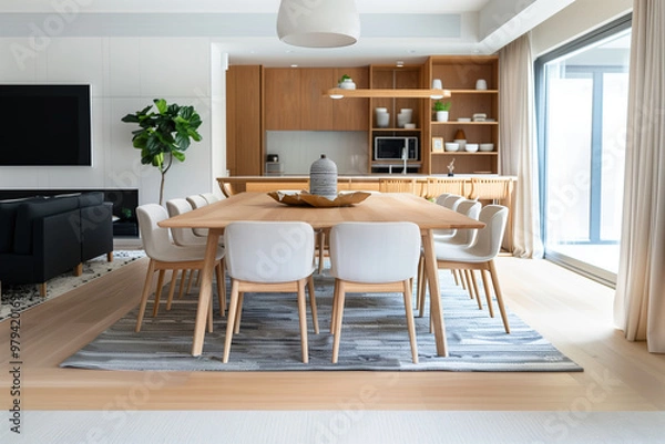 Fototapeta Modern open-concept dining area with wooden table, white chairs, and sleek kitchen, featuring minimalist design, neutral tones, and large windows for abundant natural light