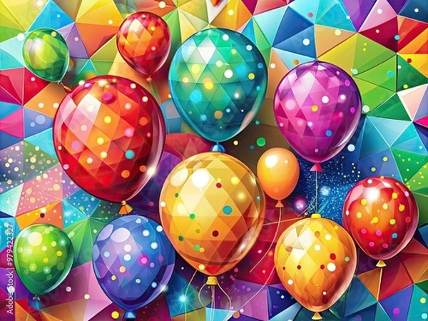 Fototapeta vibrant colorful christmas party flat illustration with vector balloons and confetti in a fun and lively abstract geometric pattern