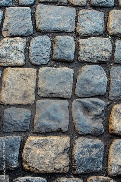 Fototapeta A close-up of cobbled stone pavement, showcasing the rustic, ancient charm often seen in historical, outdoor settings.