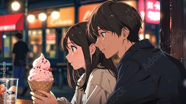 Fototapeta boy and girl on a date while bringing ice cream, anime style.