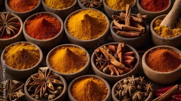 Fototapeta Fresh spices in a bowl perfectly arranged in spicy food market.