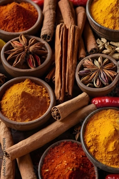 Fototapeta Traditional food spices and herbs in wooden bowl perfectly arranged for  artistic display for your advertisement needs.