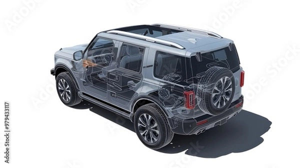 Obraz Presented with a ghost effect, a detailed cutaway image of a generic SUV is isolated on a white background.
