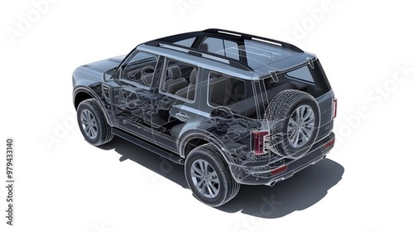 Obraz Presented with a ghost effect, a detailed cutaway image of a generic SUV is isolated on a white background.
