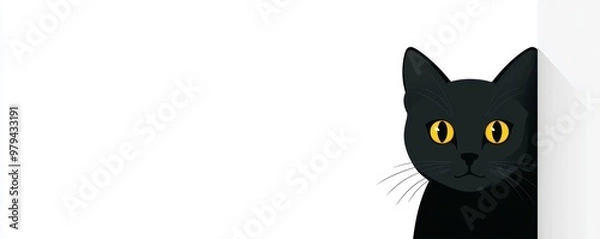 Obraz Black cat with yellow eyes, Halloween theme, Black Cat Day, white background, flat design illustration
