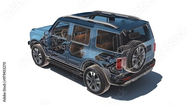 Obraz Presented with a ghost effect, a detailed cutaway image of a generic SUV is isolated on a white background.
