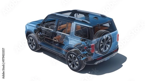 Obraz Presented with a ghost effect, a detailed cutaway image of a generic SUV is isolated on a white background.
