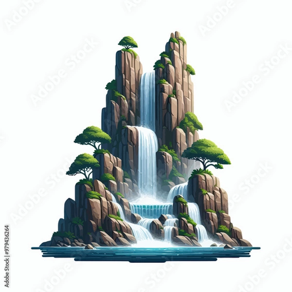 Fototapeta Vector of roaring waterfall in the forest