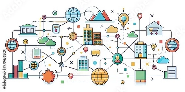 Fototapeta Bold colorful infographic illustration showcasing the interconnectedness of different systems, with bold lines and minimalist shapes, conveying a sense of dynamic complexity.
