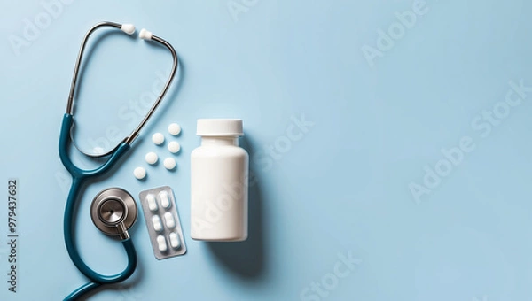 Fototapeta A medical flat lay with a stethoscope, pill bottle, tablets, and blister pack on a light blue background, representing healthcare, medicine, and treatment essentials.