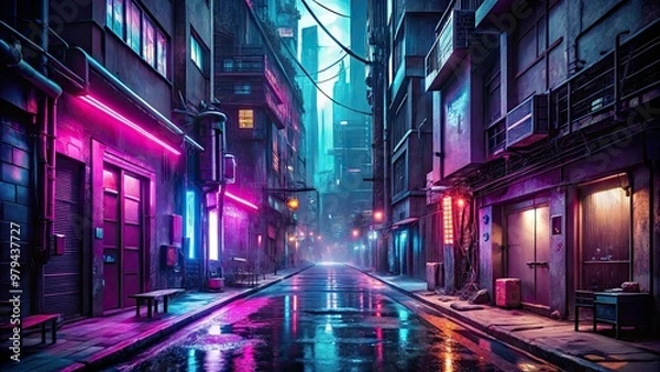 Fototapeta edgy bold futuristic neon-lit cityscape dark alleyway web design concept gritty urban atmosphere intense dramatic moody low-key lighting