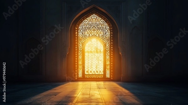 Obraz A ray of light shines through the window in an Islamic mosque, casting shadows on its walls and ground. The background is dark with intricate patterns