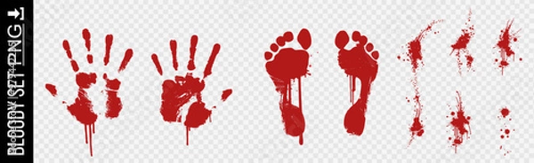 Fototapeta Set blood traces. Vector set blood, stains and marks. Bloody hands and feet on transparent background. Set bloody textures with remains of traces. Blood stains and splatters on transparent background