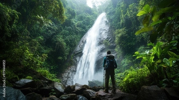 Fototapeta Hiker's Paradise: A hiker with a backpack standing in awe before a majestic waterfall in the lush rainforest of Phu Soi Dao National Park, Thailand.