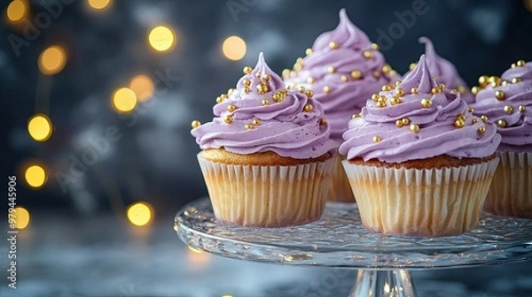 Fototapeta Homemade cupcakes topped with fluffy purple whipped cream and golden sprinkles, placed on a glass dessert stand with fairy lights in the background.