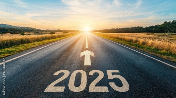 Fototapeta A long road with "2025" written boldly and an arrow pointing toward a radiant horizon, symbolizing hope, progress, and success