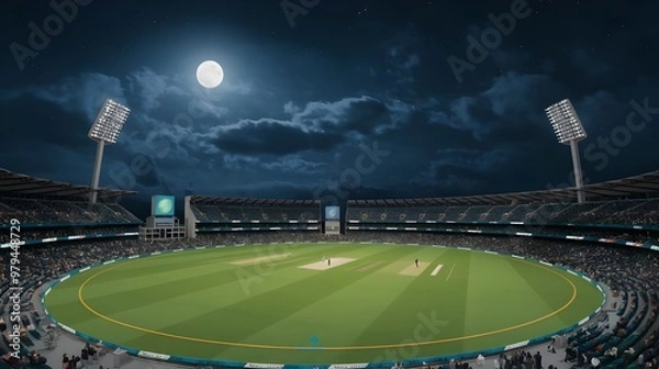Obraz A vector depiction of a cricket stadium under a full moon. Looking forward to a busy evening game on gorgeous green fields.
