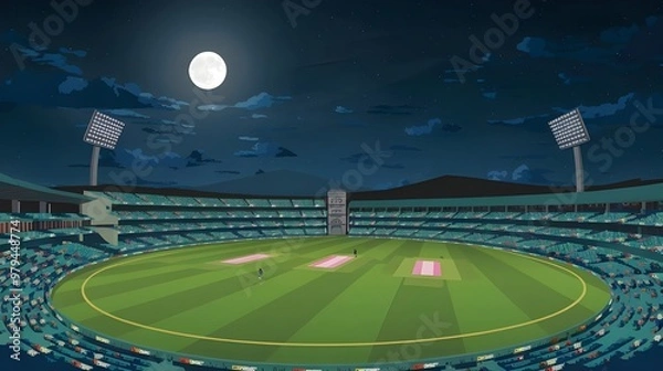 Obraz A vector depiction of a cricket stadium under a full moon. Looking forward to a busy evening game on gorgeous green fields.
