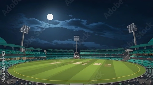 Obraz A vector depiction of a cricket stadium under a full moon. Looking forward to a busy evening game on gorgeous green fields.
