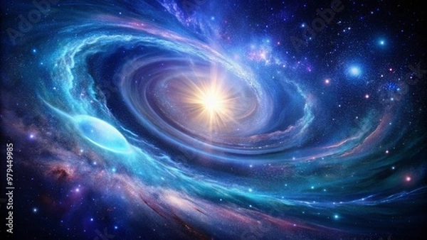 Fototapeta Vibrant galaxy swirls with shades of blue and purple, illuminated by a bright white star, set against a dark and mysterious cosmic background.