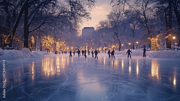 Fototapeta ice skating on the frozen lake in the evening