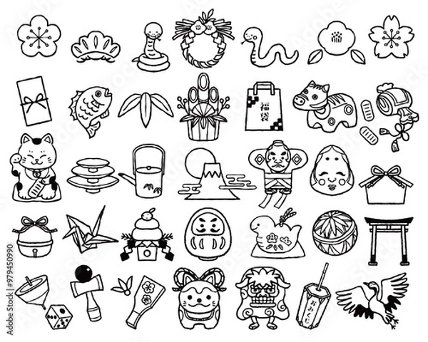 Obraz 日本のお正月イラストアイコンセット　手描き白黒線画　（巳年）