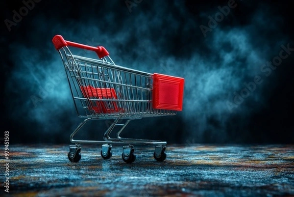 Fototapeta An empty shopping cart with a red handle standing on a textured surface, illuminated against a dark and smoky background, representing commerce and retail.