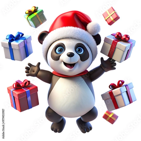 Fototapeta A panda bear wearing a Santa hat holds a Christmas present