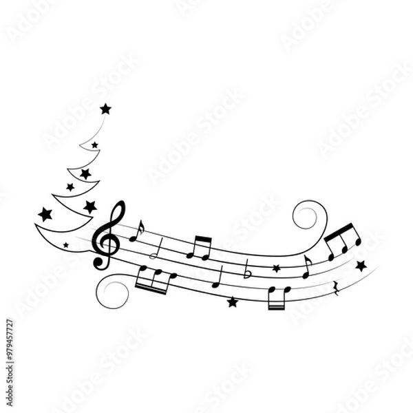 Fototapeta Festive music notes with Christmas tree silhouette and stars, vector illustration.
