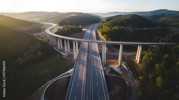 Obraz An aerial picture of a highway road bridge used for motorized transportation that was constructed as part of infrastructure development across a valley surrounded by hills, forests, and trees during t