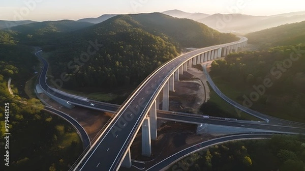 Obraz An aerial picture of a highway road bridge used for motorized transportation that was constructed as part of infrastructure development across a valley surrounded by hills, forests, and trees during t