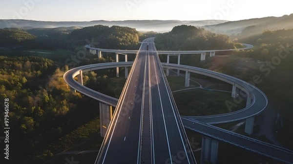 Obraz An aerial picture of a highway road bridge used for motorized transportation that was constructed as part of infrastructure development across a valley surrounded by hills, forests, and trees during t
