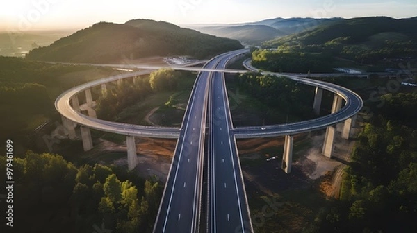 Obraz An aerial picture of a highway road bridge used for motorized transportation that was constructed as part of infrastructure development across a valley surrounded by hills, forests, and trees during t