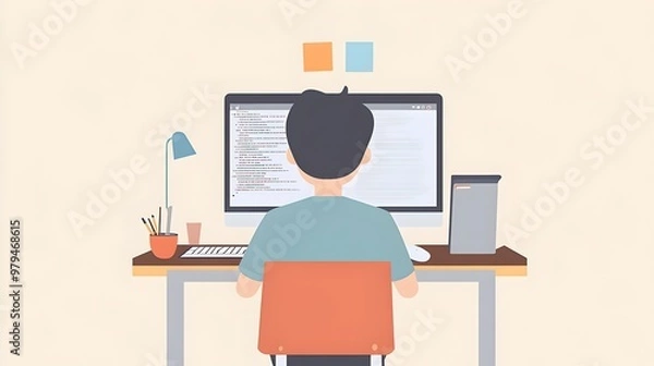 Fototapeta Professional Working at Desk in Minimalist Office Environment