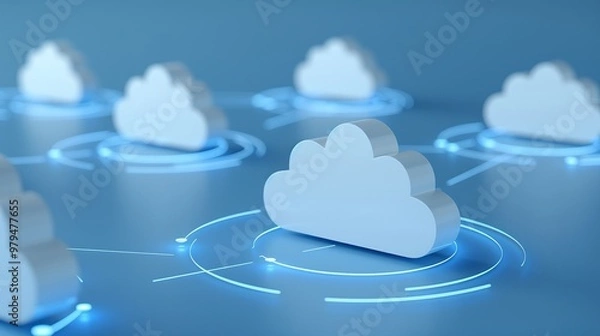 Fototapeta A modern depiction of cloud technology with interconnected clouds and digital elements, representing data storage and networking.