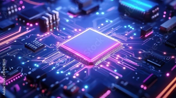 Fototapeta Close-up of a green electronic circuit board featuring a processor and various components, showcasing technology and engineering in a digital setting