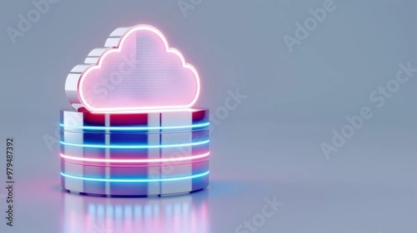 Fototapeta Colorful 3D cloud icon on a striped base, symbolizing cloud computing and digital data storage in a modern design.