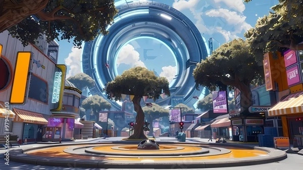 Fototapeta A scifi fortnite market square placed around the big circle deep manhole in the middle, vendors, shops, stalls, ads, large neon signs, Generative AI illustrations.