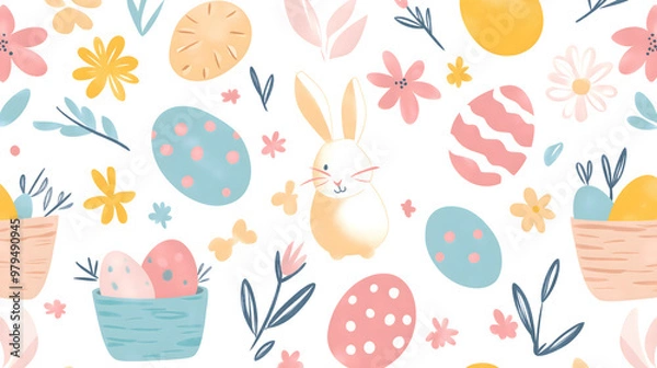 Fototapeta Easter 2D Vector Pattern elements Easter theme featuring repeating elements like Easter eggs bunnies flowers and baskets