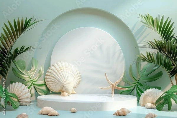 Fototapeta Elegant display podium with a white circle backdrop, decorated with tropical elements like palm leaves and seashells, perfect for summer photography