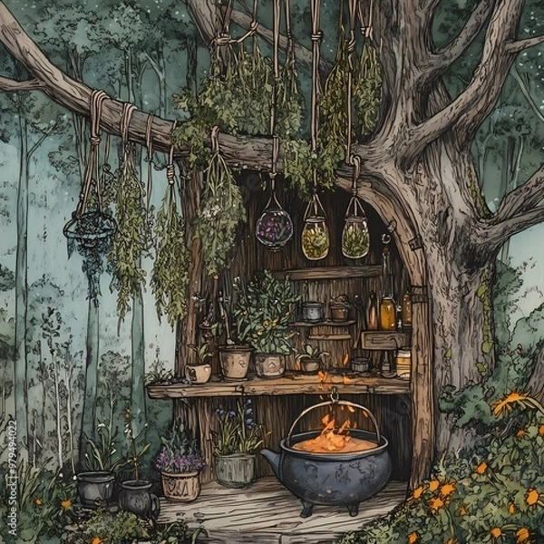 Fototapeta Enchanting Witch's Workshop: Magical Treehouse with Hanging Herbs, Bubbling Cauldrons, and Mystical Spells