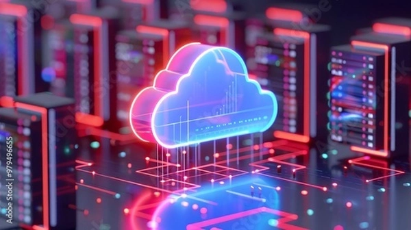 Fototapeta Futuristic cloud storage concept with glowing servers, representing technology and data management in the digital age.