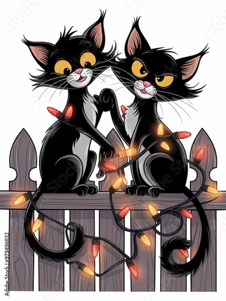 Fototapeta A pair of mischievous black cats playing with a string of Halloween lights, illustration