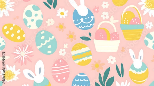 Obraz Easter 2D Vector Pattern elements Easter theme featuring repeating elements like Easter eggs bunnies flowers and baskets
