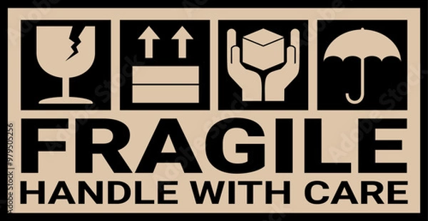Fototapeta sticker fragile handle with care, black and brown fragile warning label, fragile label with broken glass symbol, vector asset. cardboard color