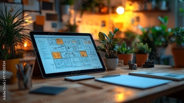Obraz Close-up of a tablet showing a website prototype with drag-and-drop features, interactive design tools, user experience testing