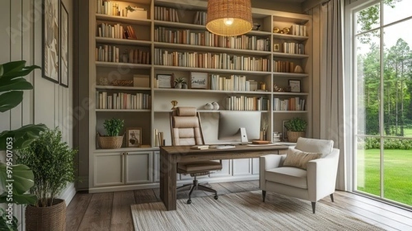 Fototapeta cozy farmhouse style home office with floortoceiling bookshelf and warm lighting boho neutral tones ai assisted