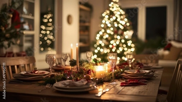 Fototapeta cozy holiday dining scene rustic wooden table with festive place settings warm candlelight blurred christmas tree twinkling in background inviting atmosphere